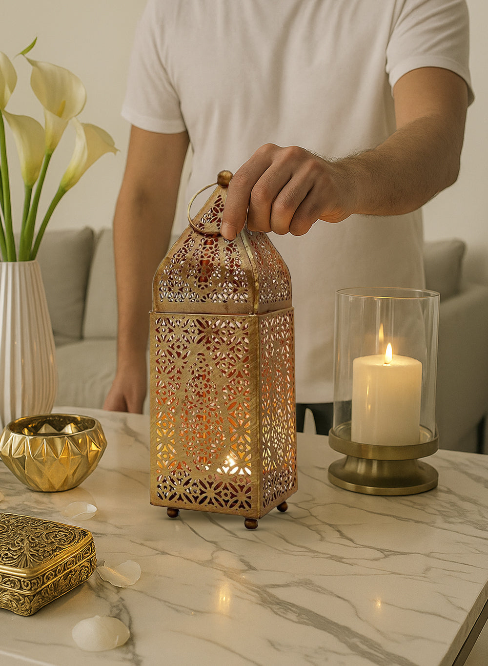 Gold Moroccan Metal Candle Lantern, in 2 Sizes and Material