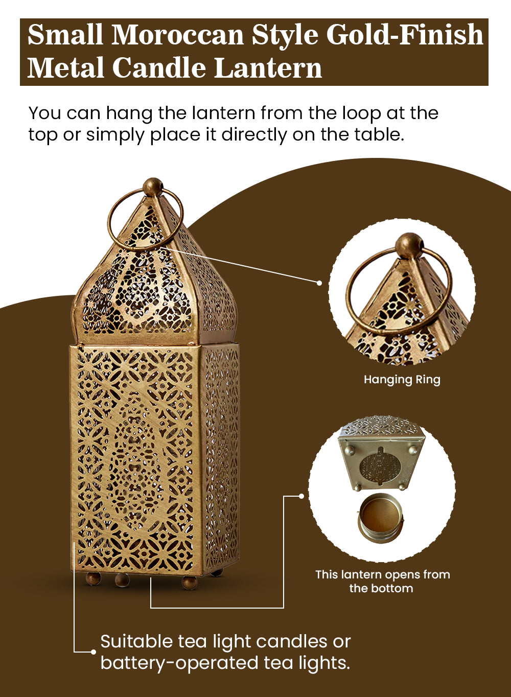 Gold Moroccan Metal Candle Lantern, in 2 Sizes and Material