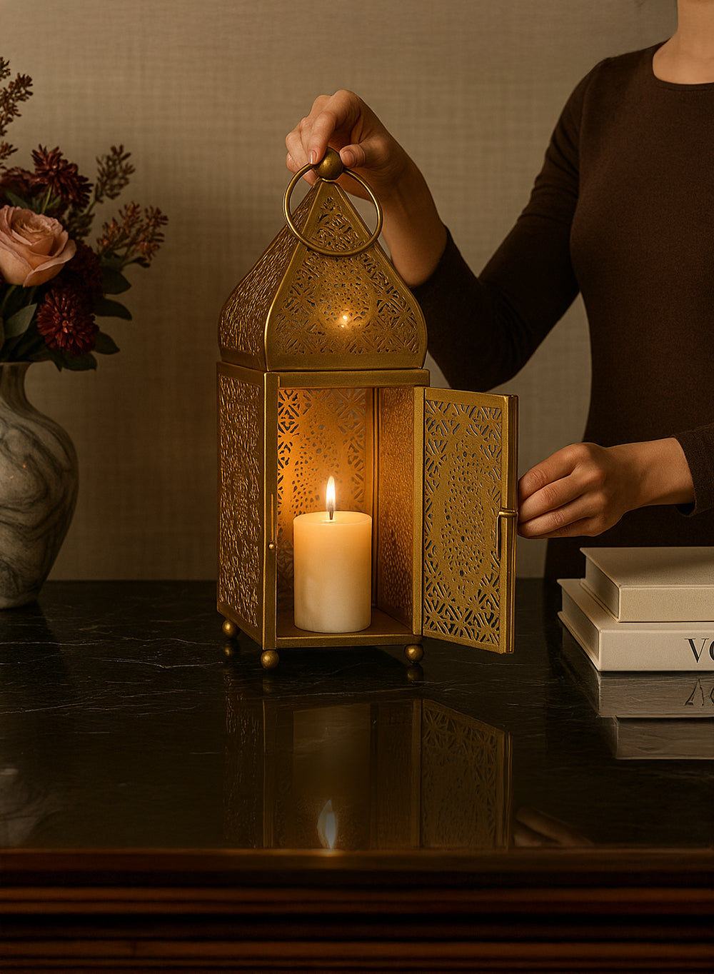 Gold Moroccan Metal Candle Lantern, in 2 Sizes and Material