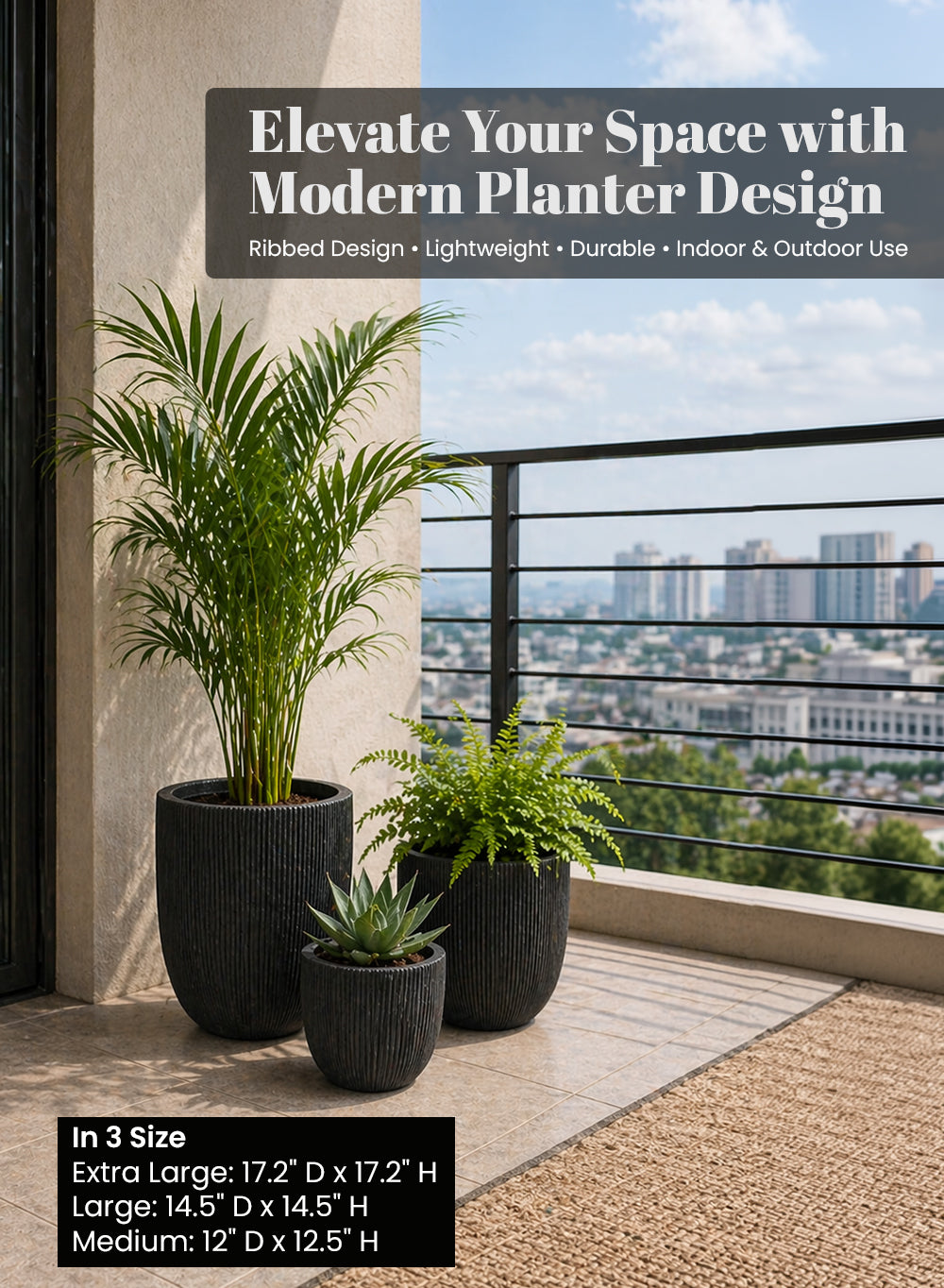 Bundle: Ebon Ribbed PVC Planter (Pack of 3)