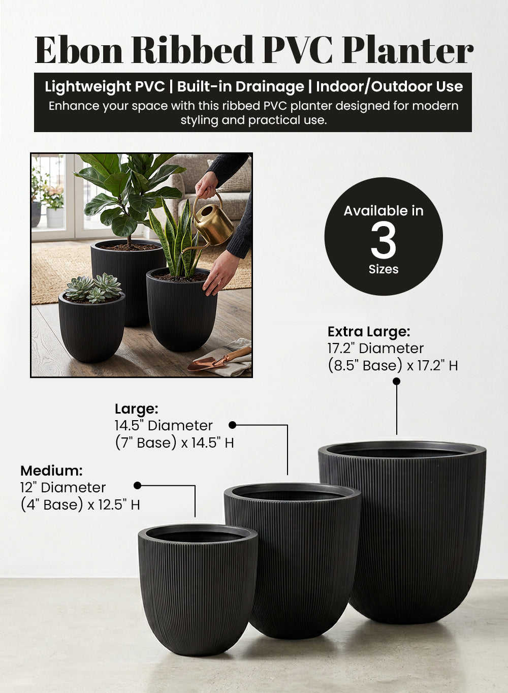 Ebon Ribbed PVC Planter Collection