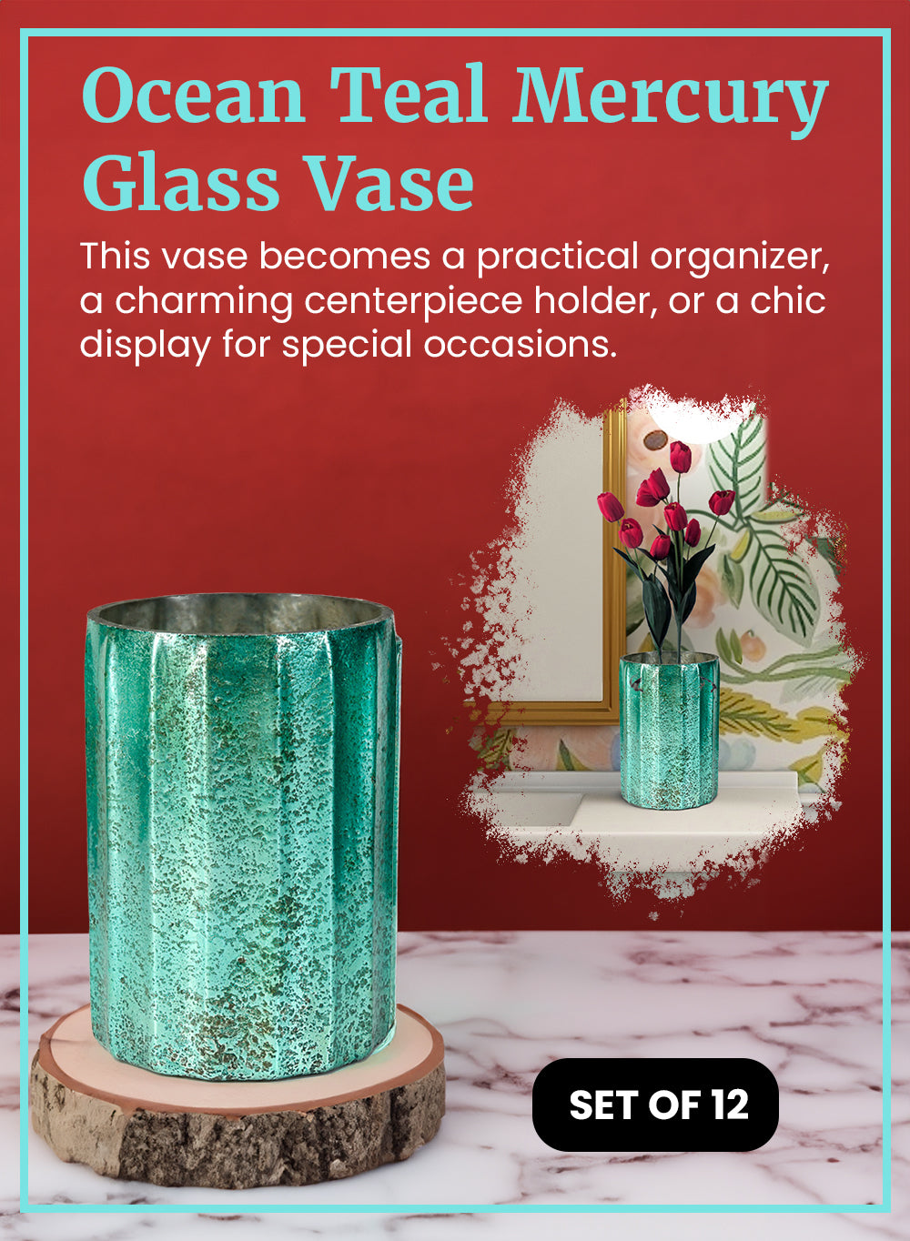 Ocean Teal Mercury Glass Vase, in 2 Sizes