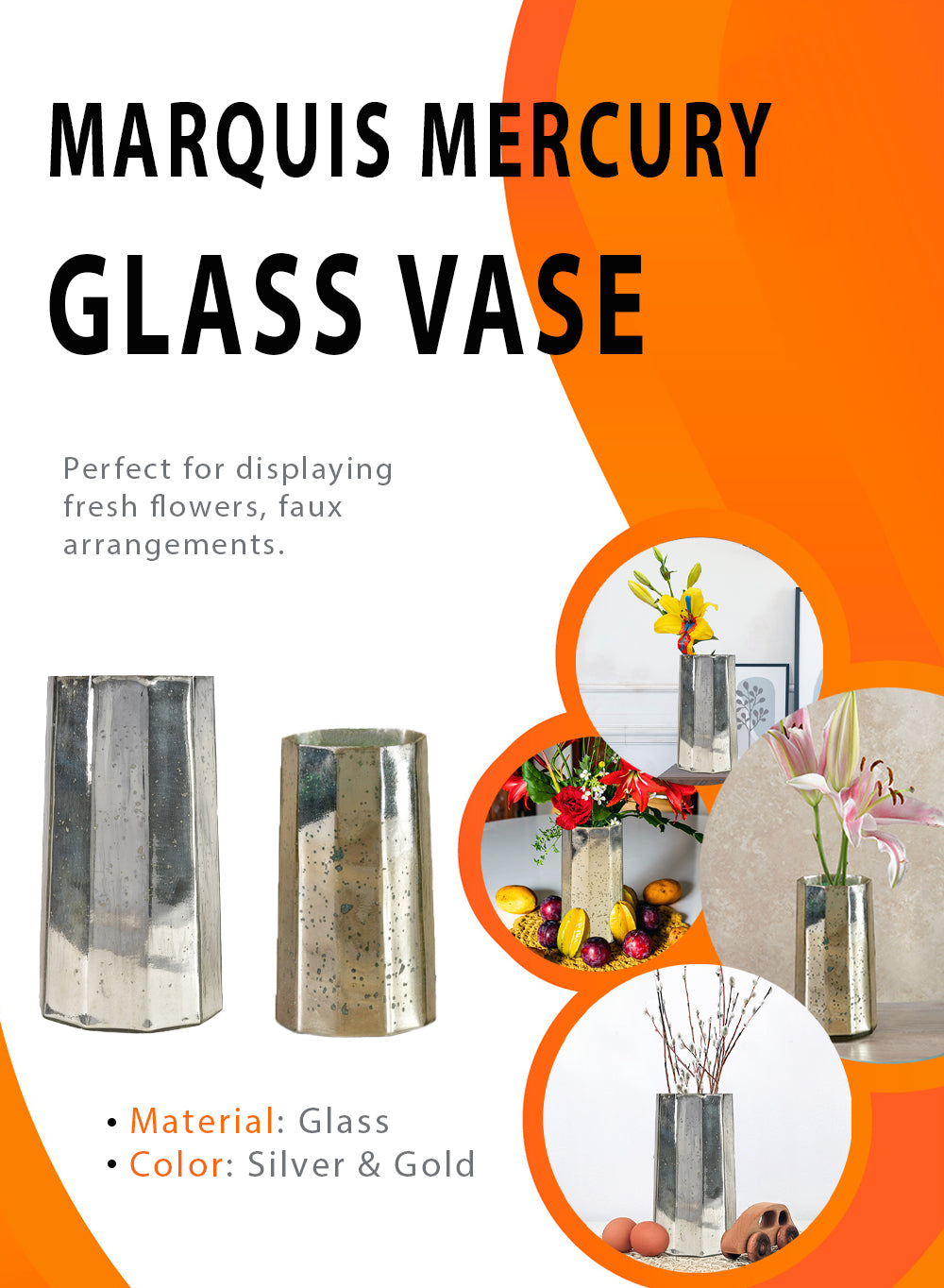 Marquis Mercury Glass Vase, In 2 Sizes