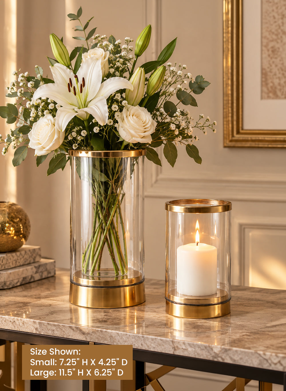 Gold Rimmed Glass Cylindrical Hurricane Collection