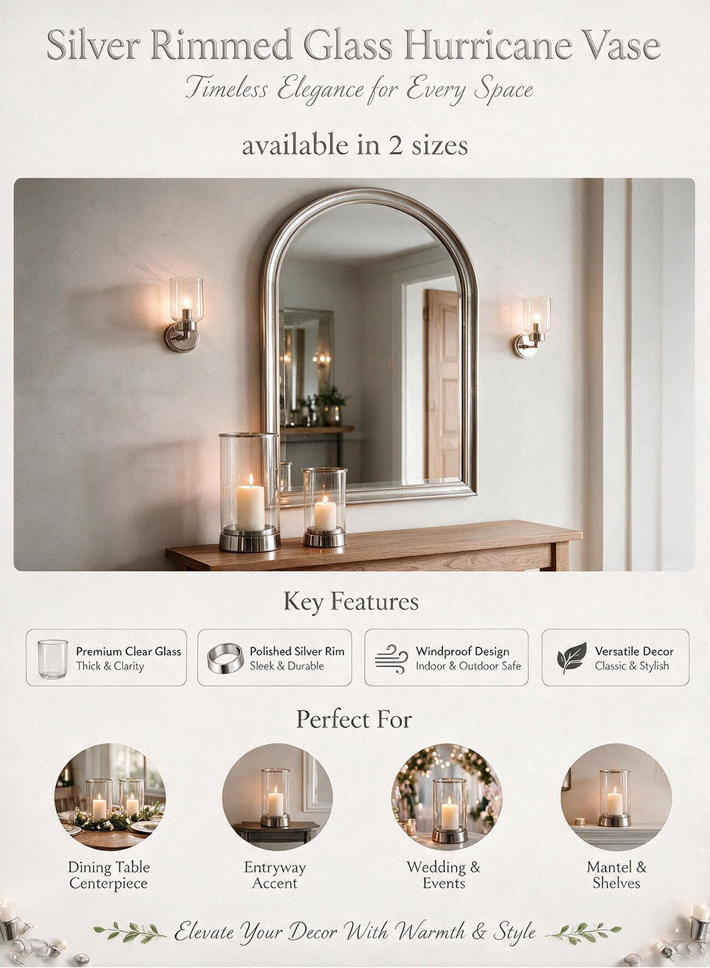 Gold Rimmed Glass Cylindrical Hurricane Collection