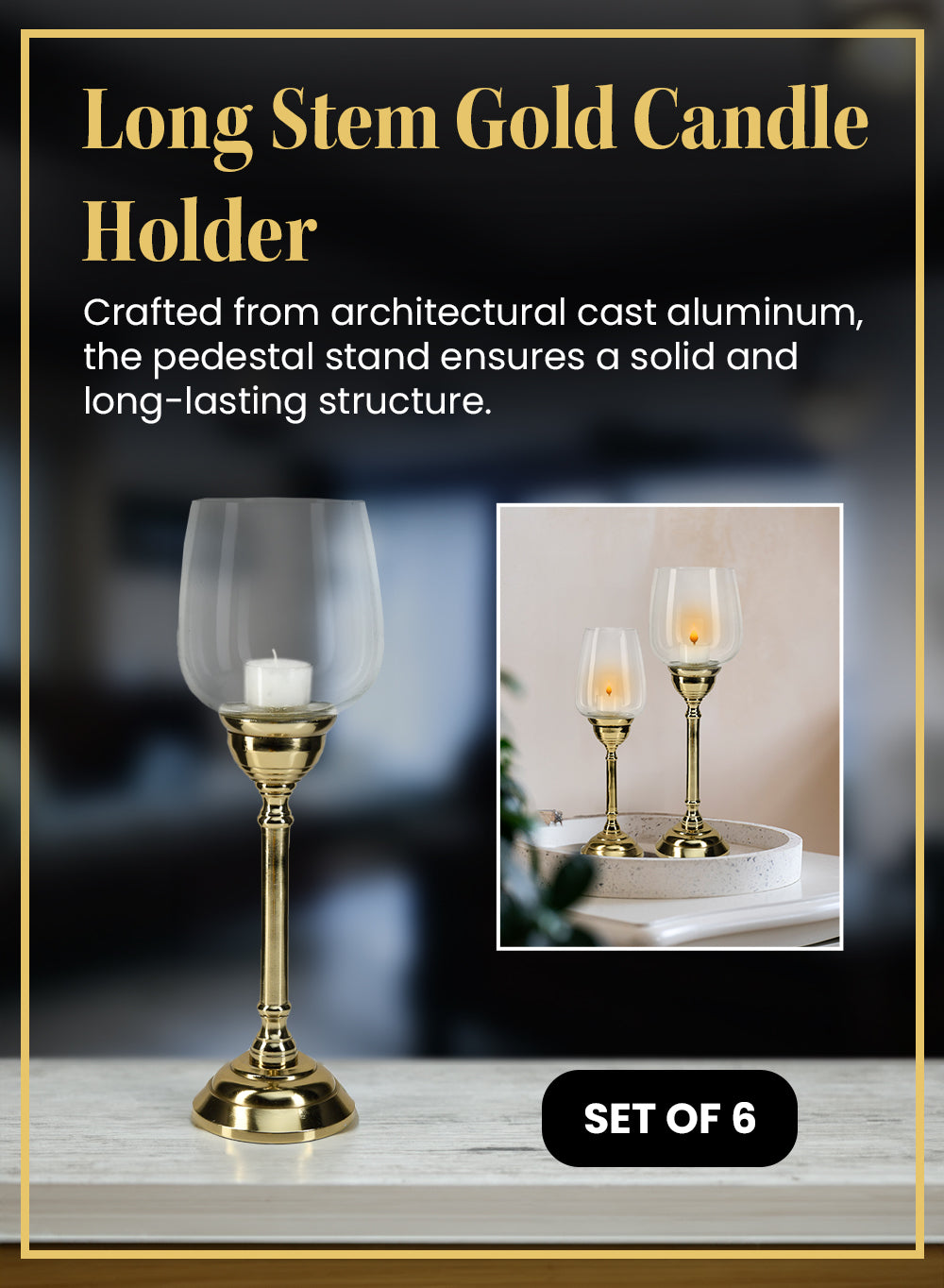 Long Stem Gold Candle Holder, in 2 Sizes