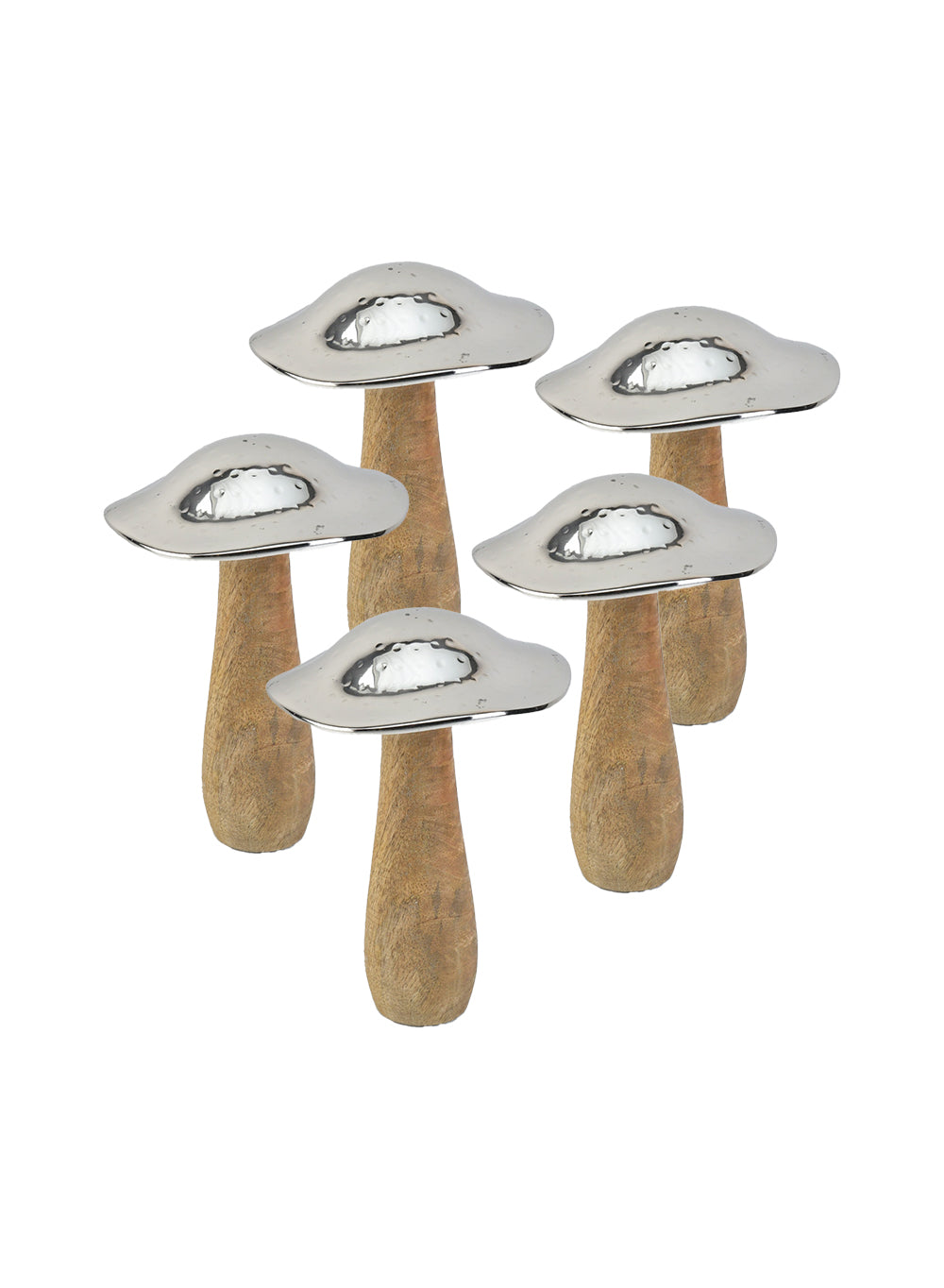 Serene Spaces Living Mushroom Table Decoration, Wood And Hammered Silver Metal Mushroom Sculpture Decor