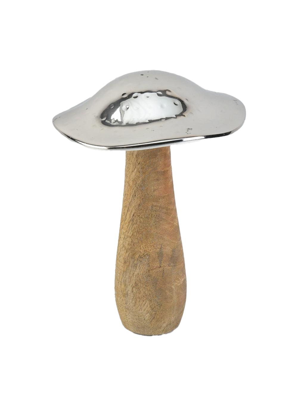 Serene Spaces Living Mushroom Table Decoration, Wood And Hammered Silver Metal Mushroom Sculpture Decor