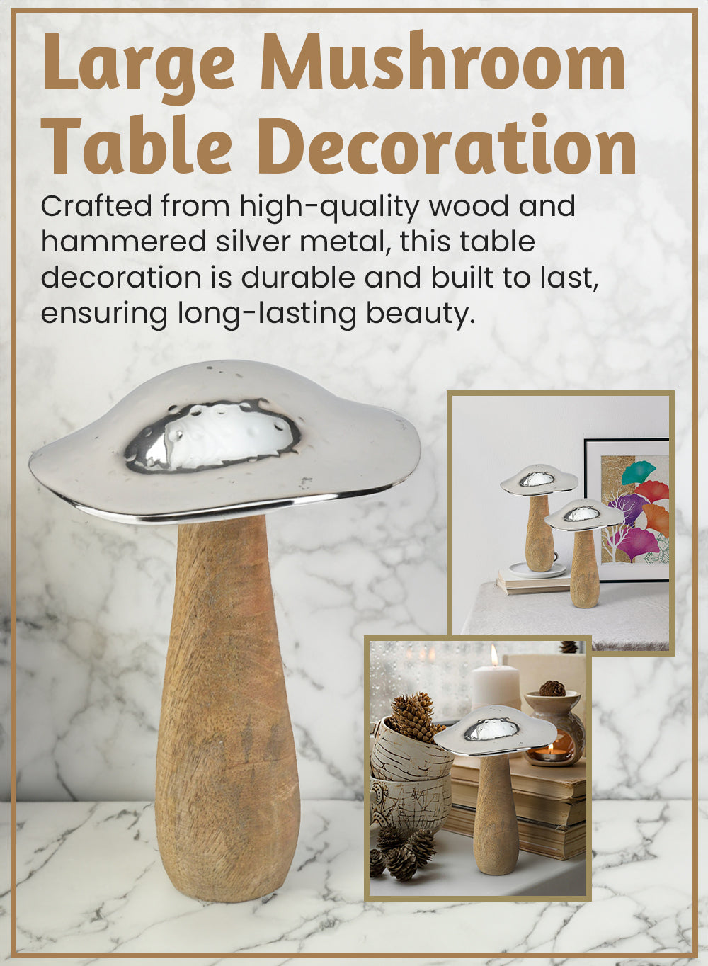 Serene Spaces Living Mushroom Table Decoration, Wood And Hammered Silver Metal Mushroom Sculpture Decor