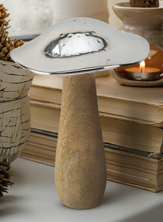 Serene Spaces Living Mushroom Table Decoration, Wood And Hammered Silver Metal Mushroom Sculpture Decor
