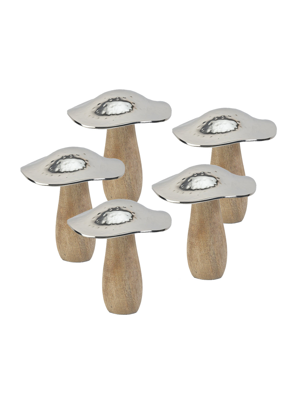 Serene Spaces Living Mushroom Table Decoration, Wood And Hammered Silver Metal Mushroom Sculpture Decor