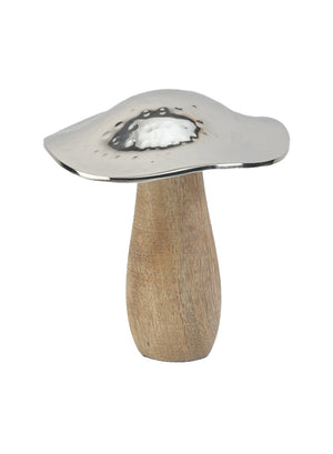 Serene Spaces Living Mushroom Table Decoration, Wood And Hammered Silver Metal Mushroom Sculpture Decor