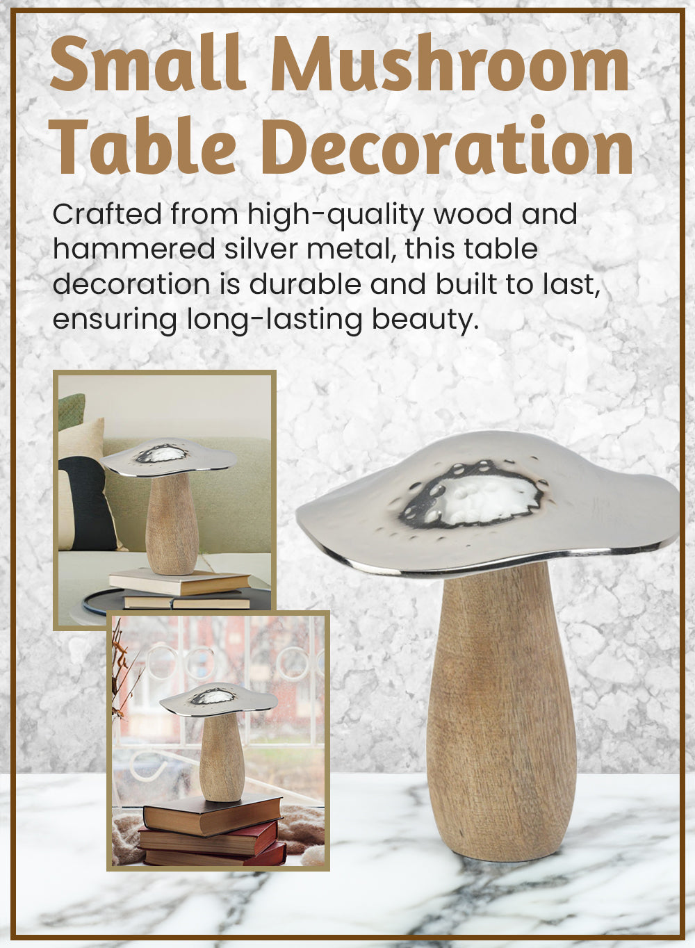 Serene Spaces Living Mushroom Table Decoration, Wood And Hammered Silver Metal Mushroom Sculpture Decor