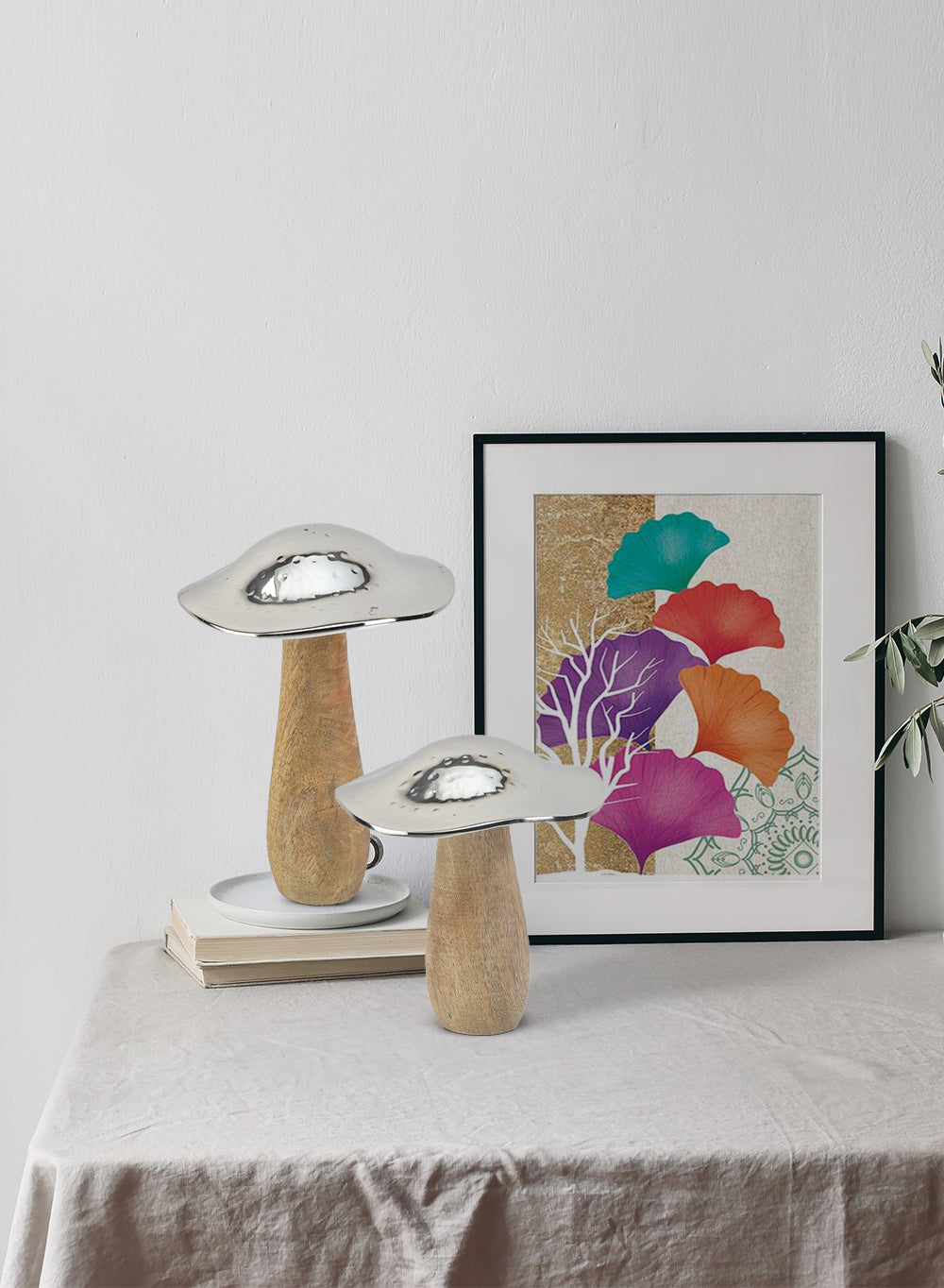 Serene Spaces Living Mushroom Table Decoration, Wood And Hammered Silver Metal Mushroom Sculpture Decor