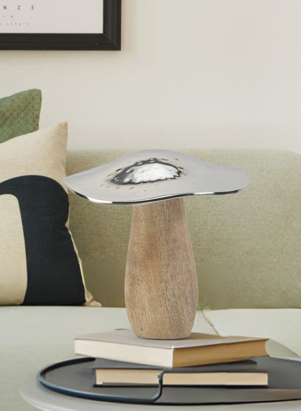 Serene Spaces Living Mushroom Table Decoration, Wood And Hammered Silver Metal Mushroom Sculpture Decor