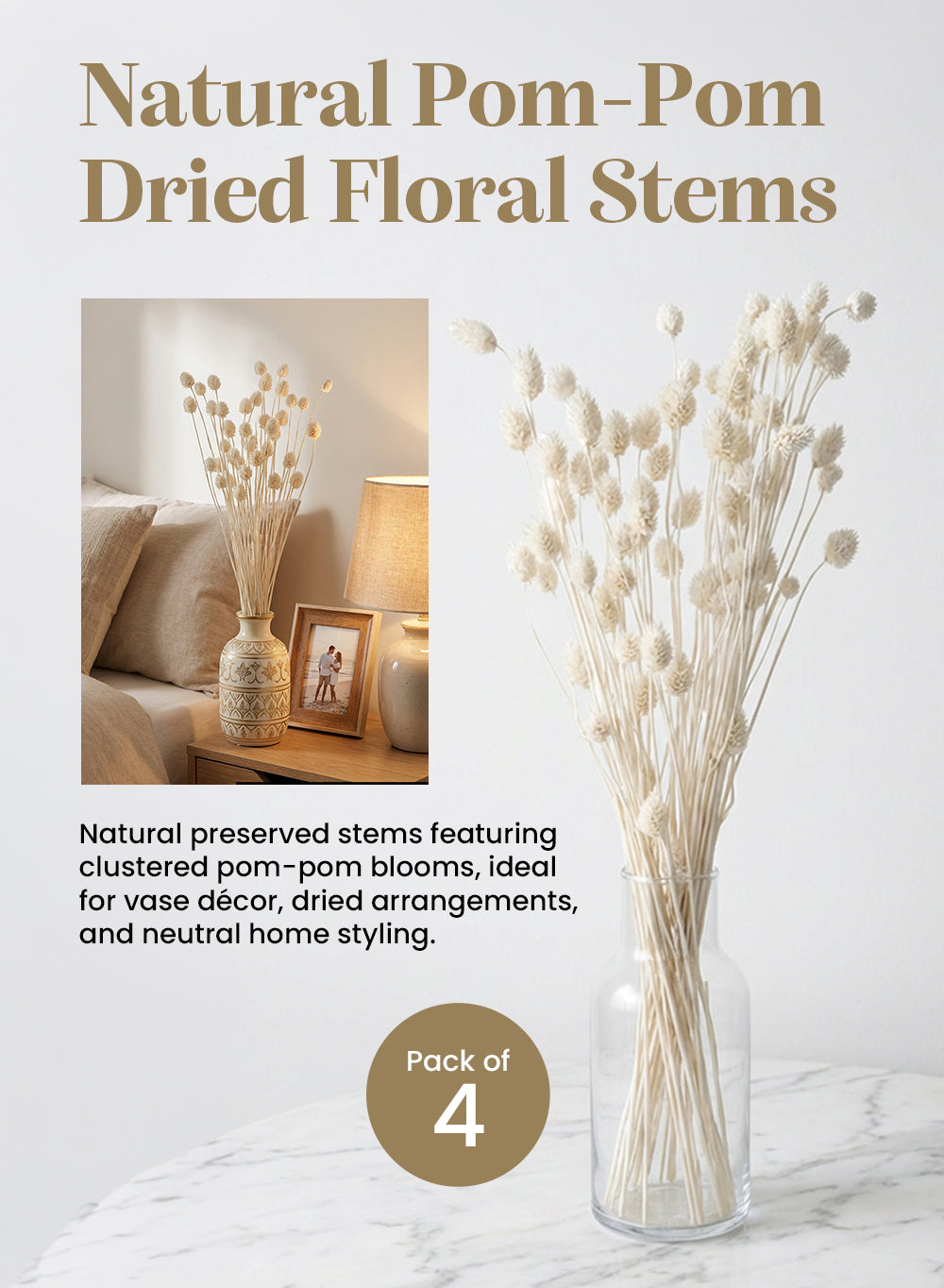Natural Pom-Pom Dried Floral Stems, 23.5" Tall, Pack of 4