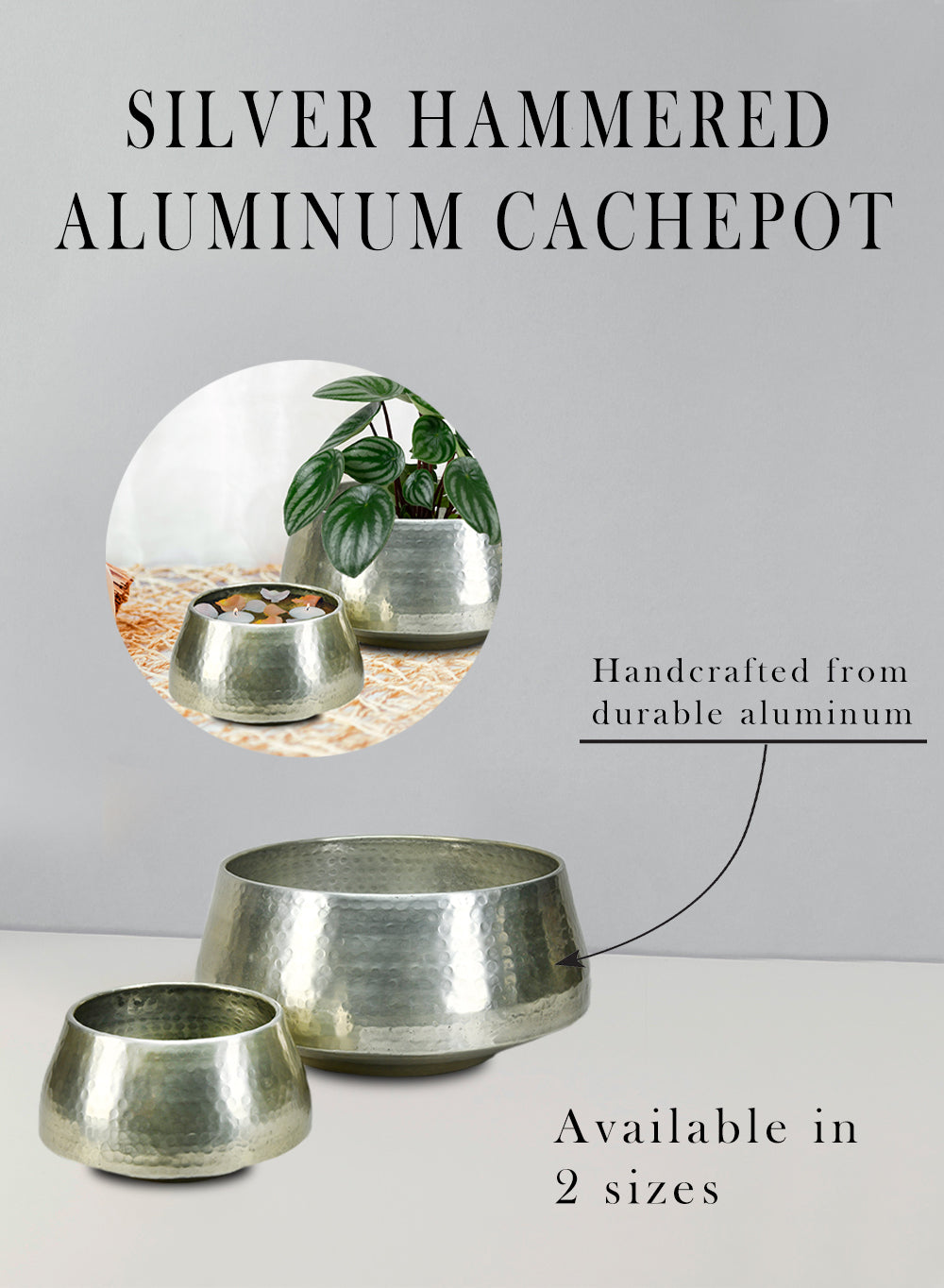 Silver Hammered Aluminum Cachepot, in 2 Sizes