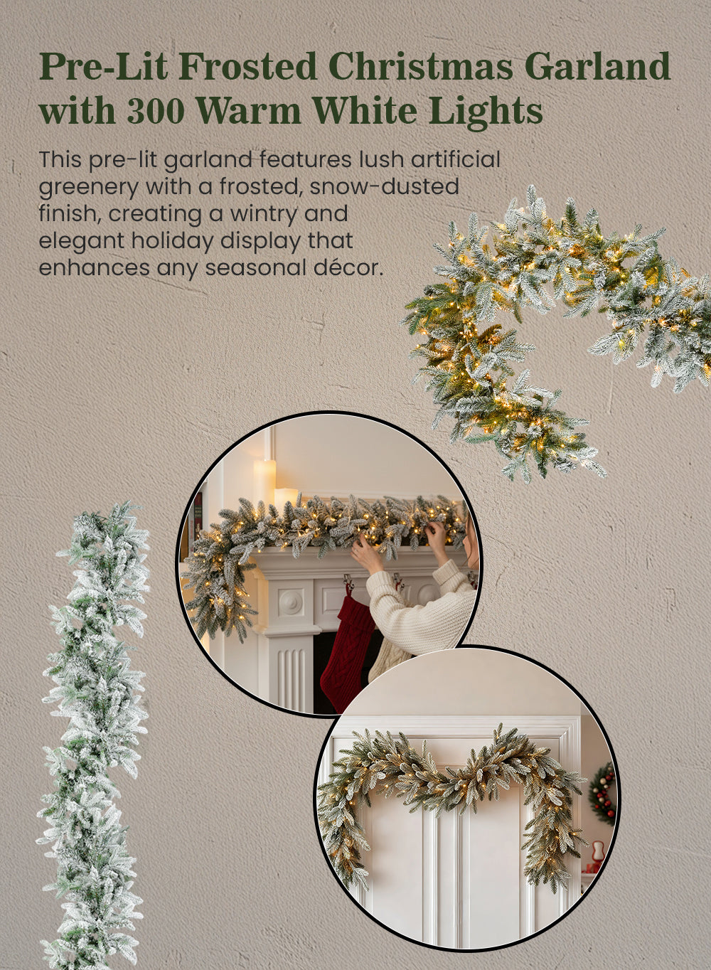 75" Pre-Lit Frosted Christmas Garland with 300 Warm White Lights