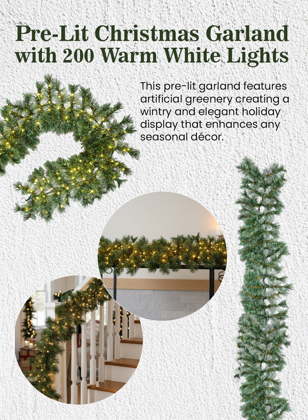 70" Pre-Lit Christmas Garland with 200 Warm White Lights