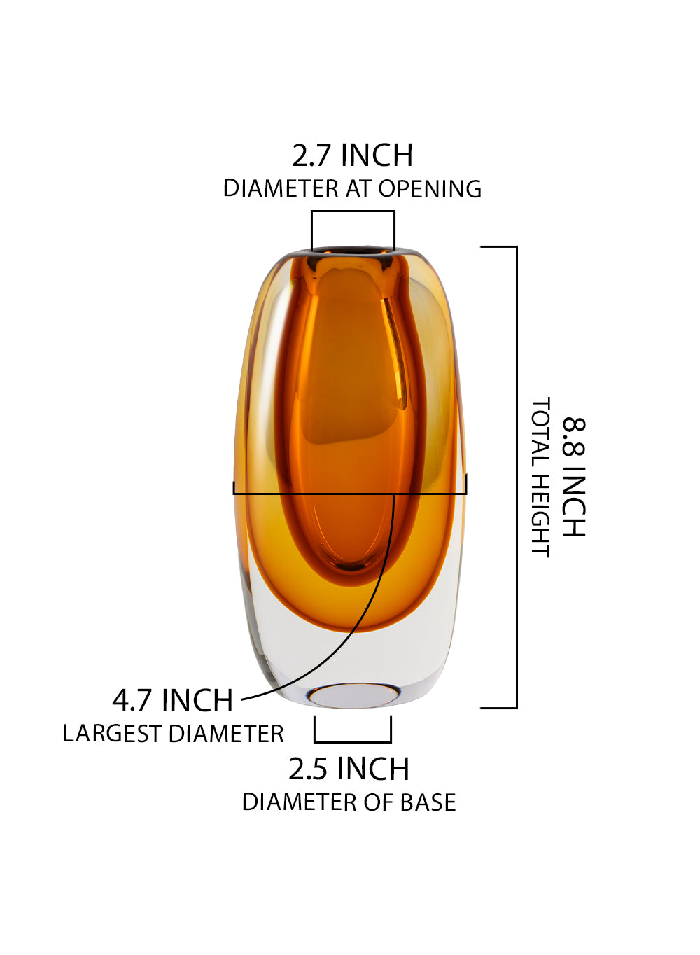 Handblown Amber Capsule Glass Bud Vase, 4.7" Diameter & 8.8" Tall