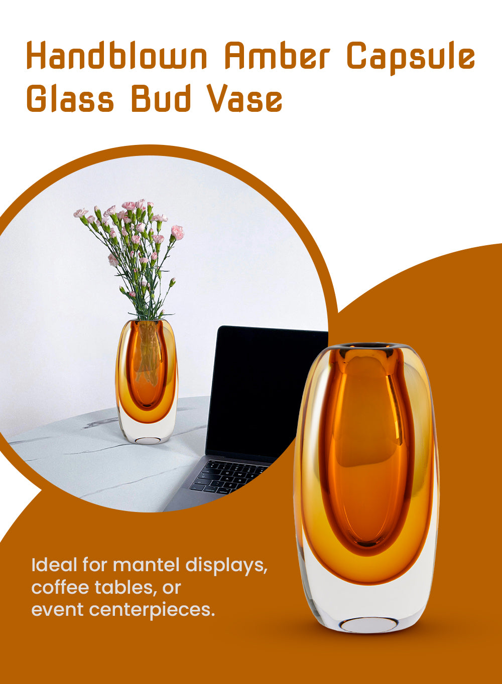 Handblown Amber Capsule Glass Bud Vase, 4.7" Diameter & 8.8" Tall