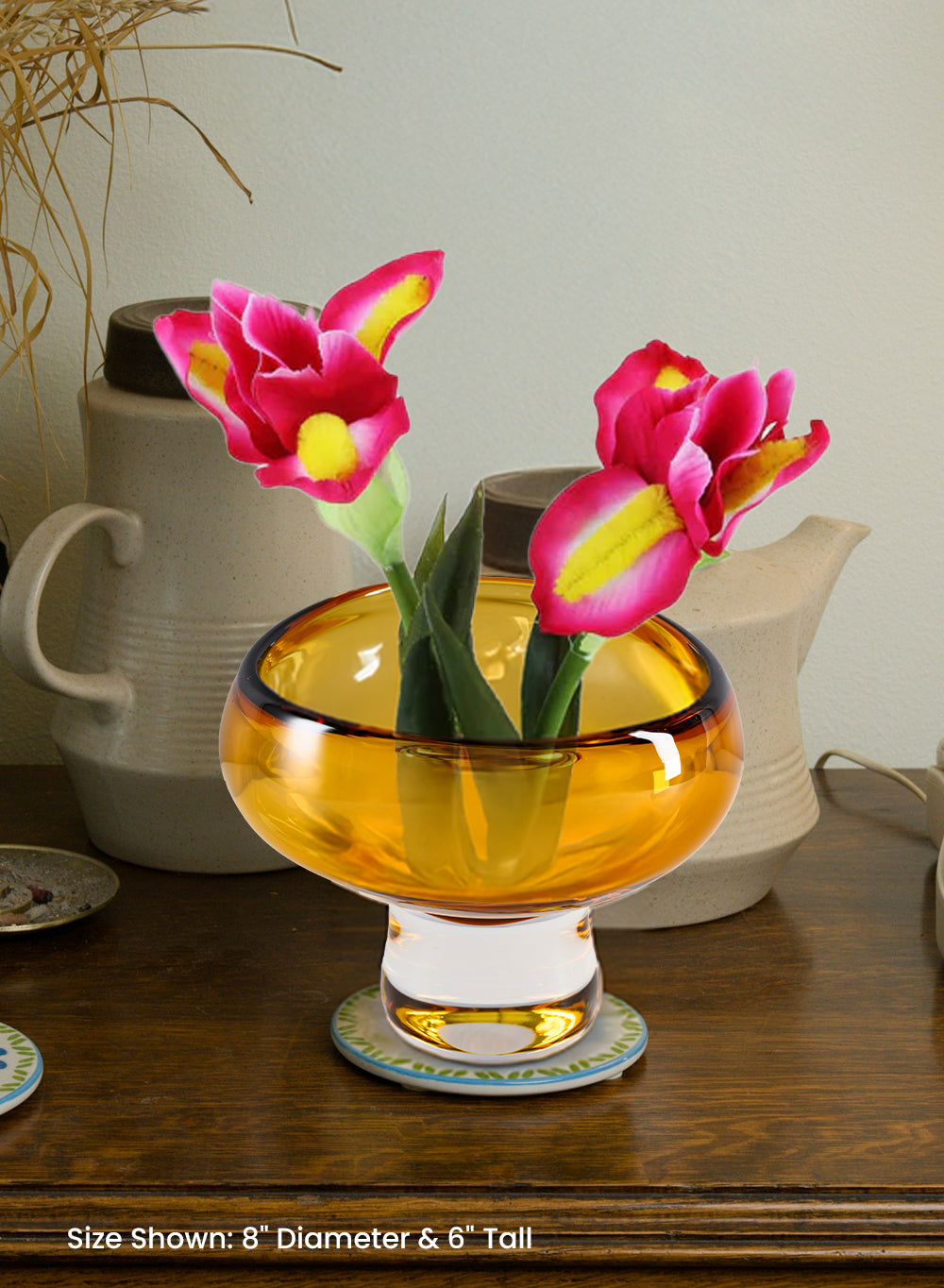 Handblown Amber & Clear Glass Bowl Vase, 8" Diameter & 6" Tall