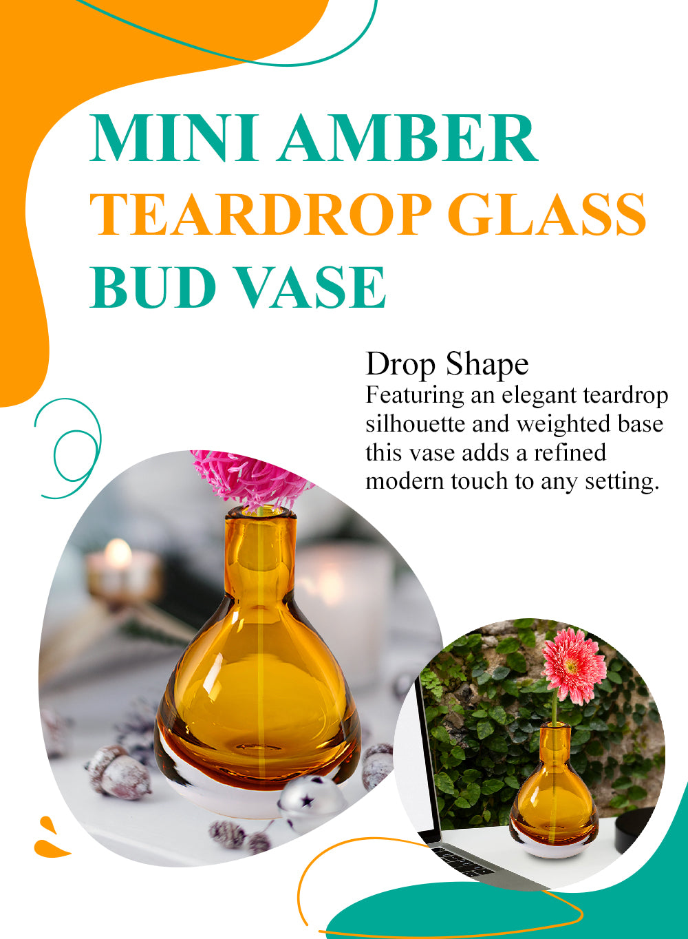 Mini Amber Teardrop Glass Bud Vase, 3.5" Diameter & 4.5" Tall