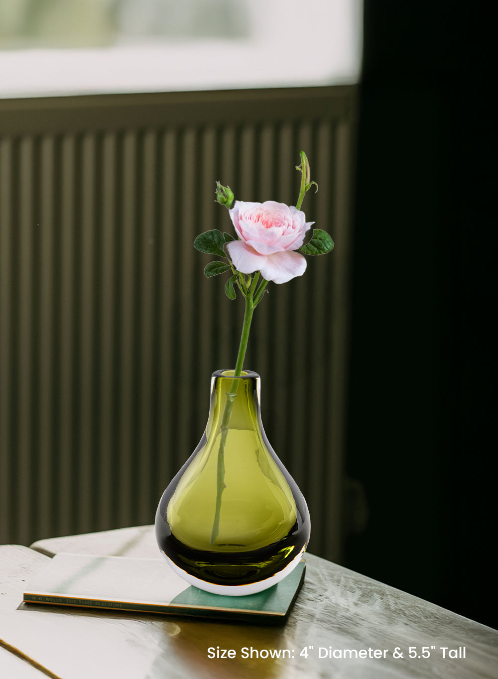 Handblown Olive Green Glass Bud Vase, 4" Diameter & 5.5" Tall