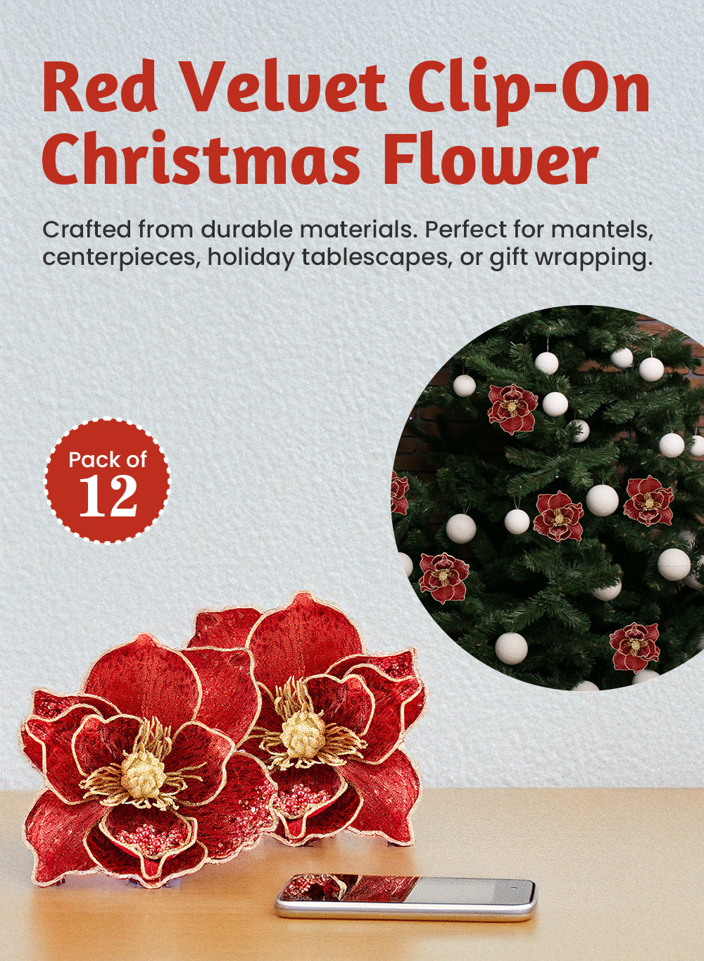 Red Velvet Clip-On Christmas Flower, 5" Wide & 6" Long, Pack of 12