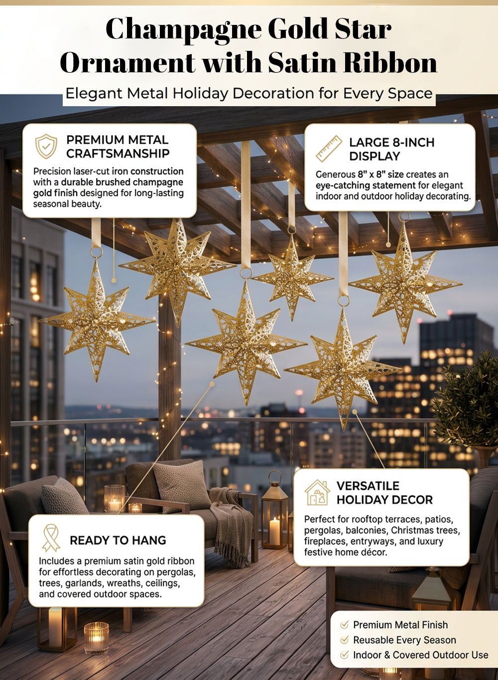 Champagne Gold Star Ornament with Satin Ribbon, 8" Diameter, Pack of 4