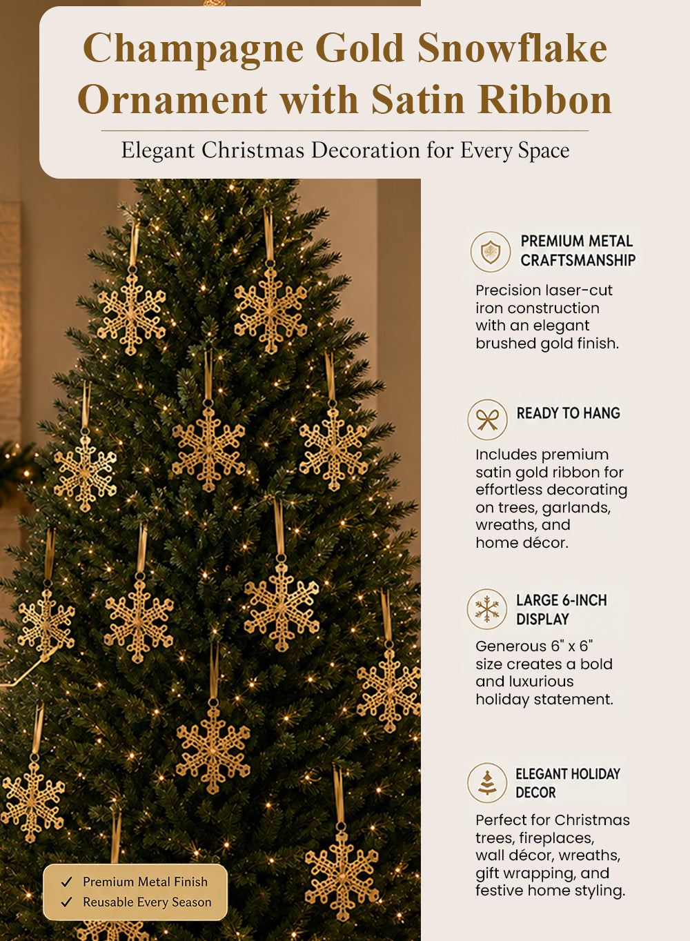 Champagne Gold Snowflake Ornament with Satin Ribbon, 6" Diameter, Pack of 4