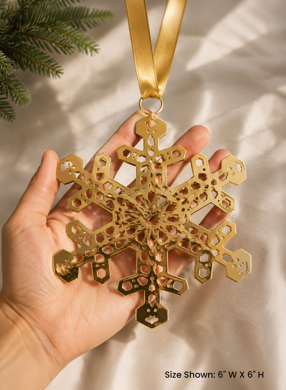 Champagne Gold Snowflake Ornament with Satin Ribbon, 6" Diameter, Pack of 4