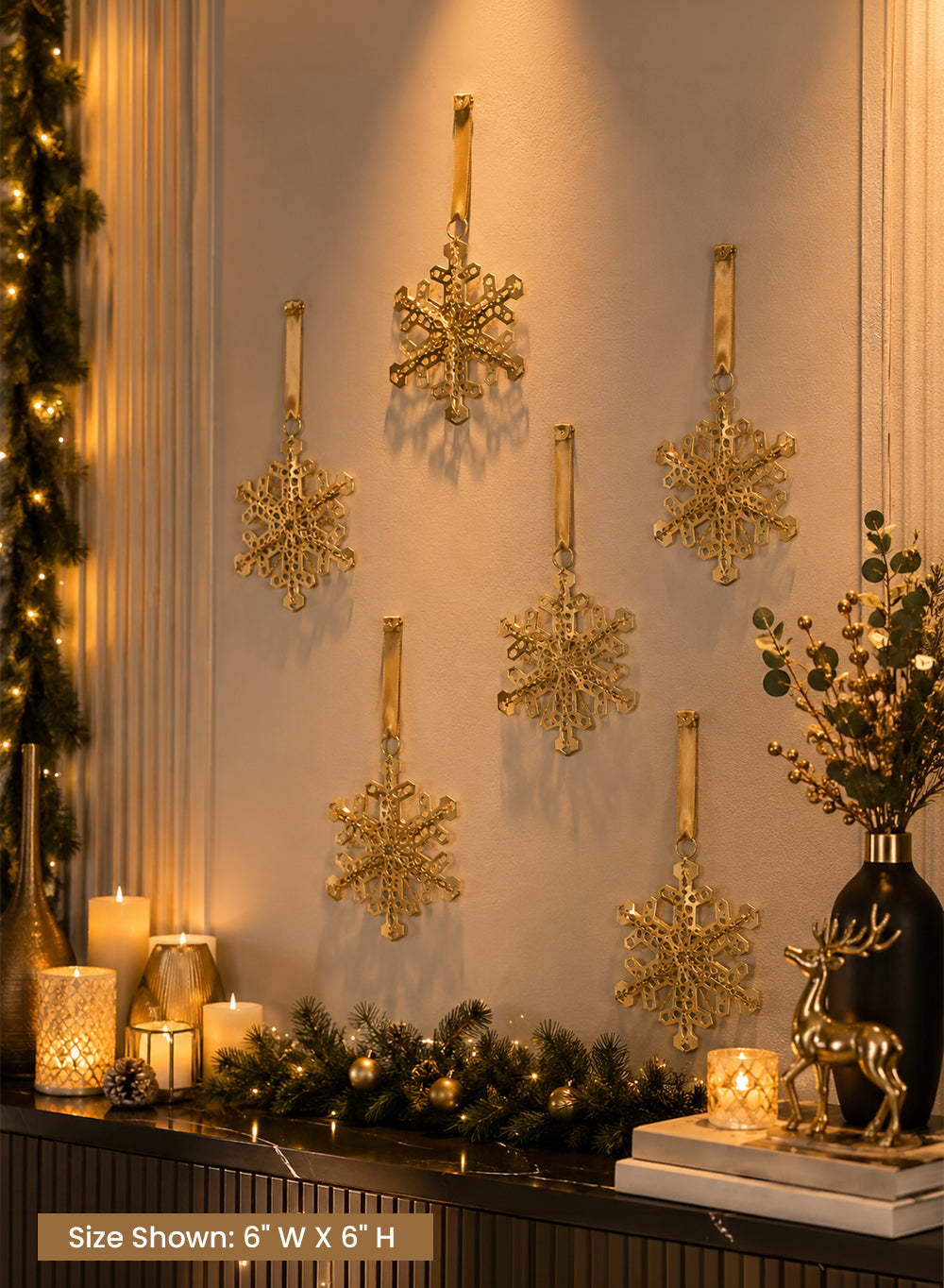 Champagne Gold Snowflake Ornament with Satin Ribbon, 6" Diameter, Pack of 4