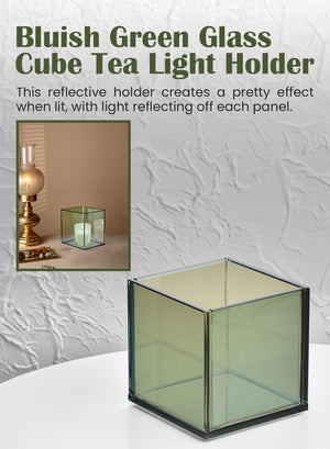 Serene Spaces Living Bluish Green Glass Cube Tea Light Holder, Reflective Mirror Effect, Measures 3" Cube