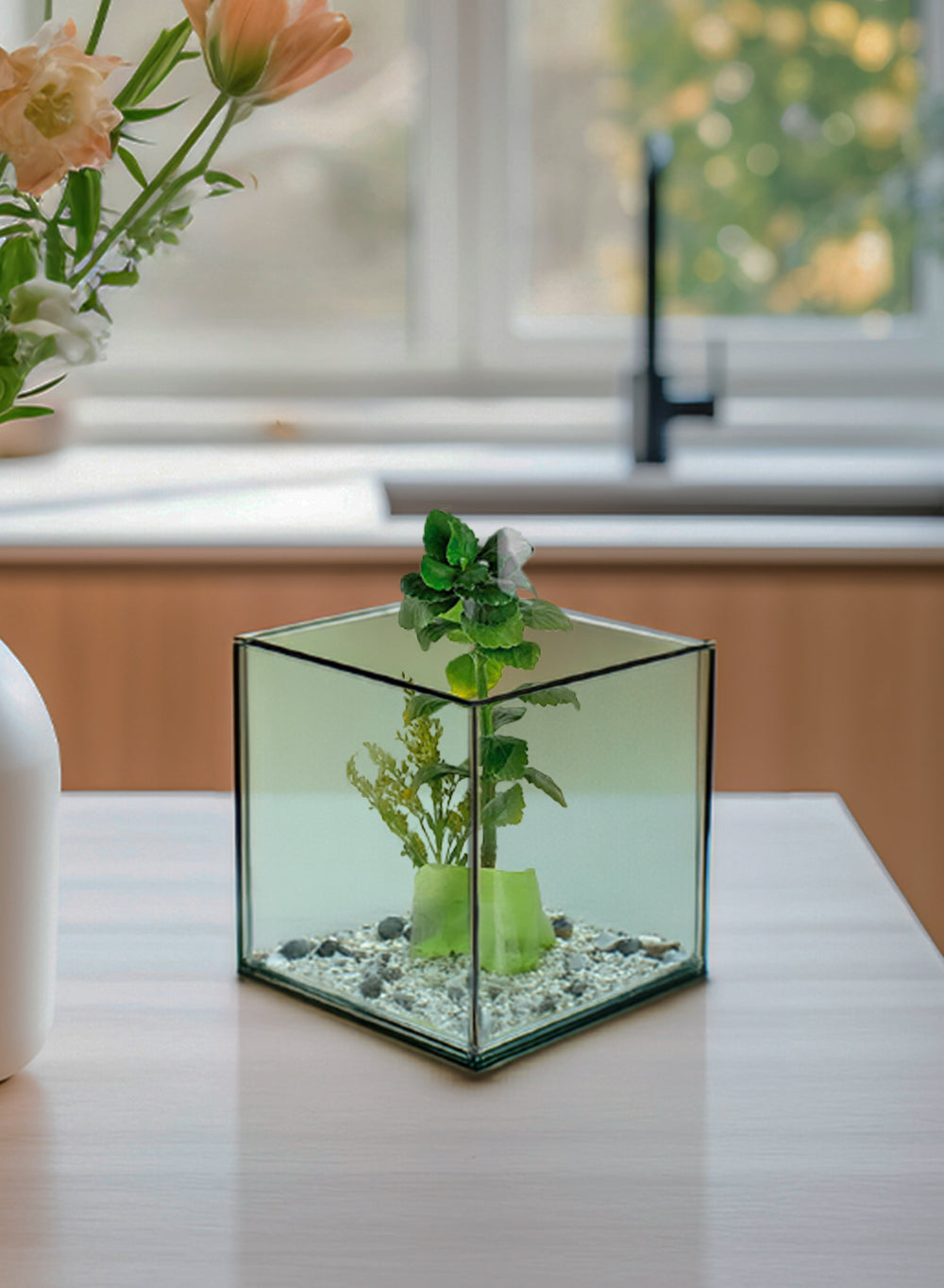 Serene Spaces Living Bluish Green Glass Cube Tea Light Holder, Reflective Mirror Effect, Measures 3" Cube