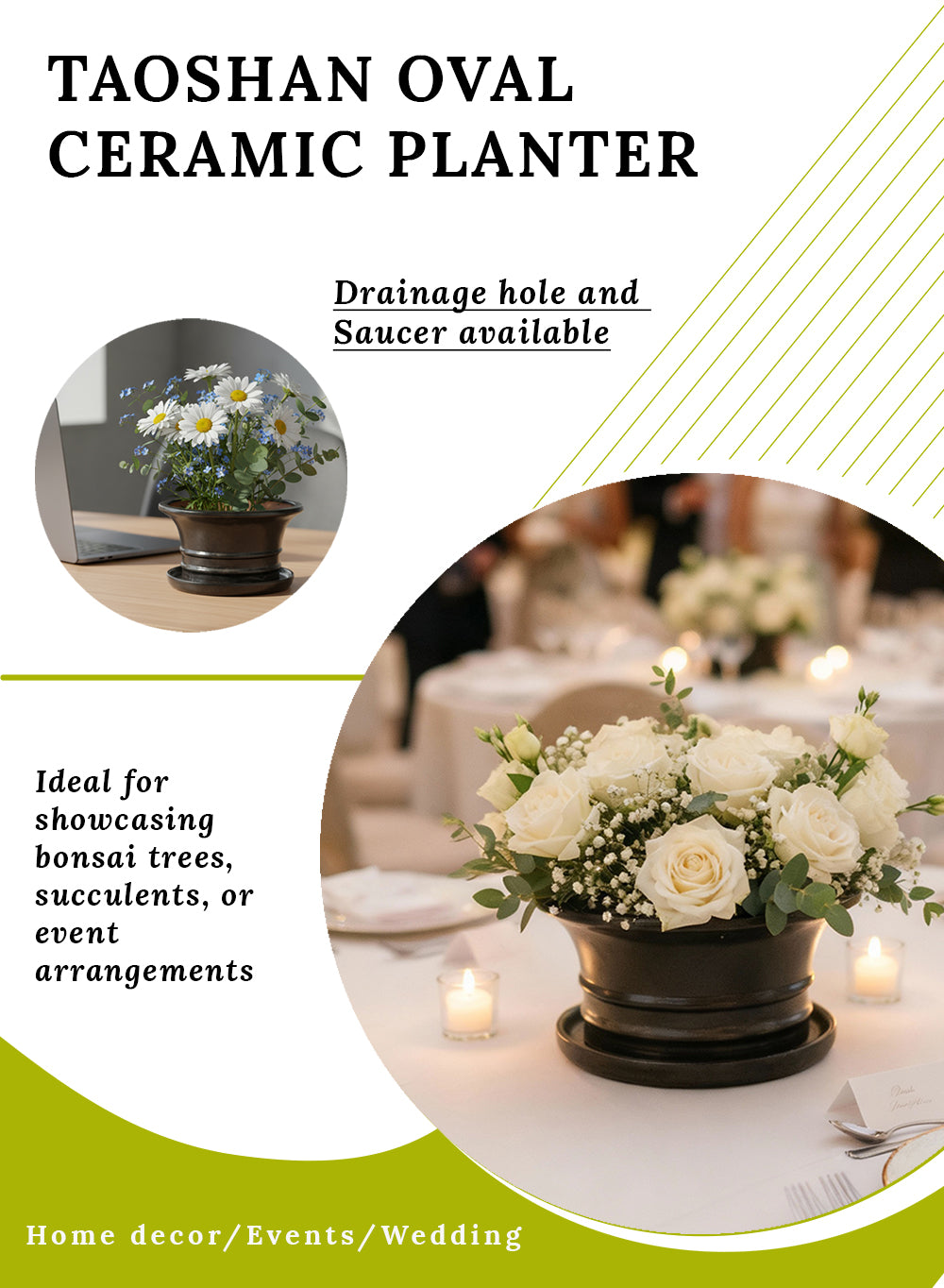 TaoShan Oval Ceramic Planter, 10.4" Diameter & 4.5" Tall