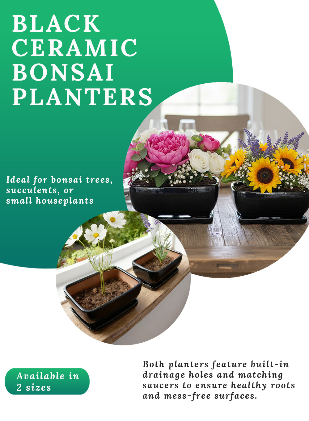 Black Ceramic Bonsai Planters, Bundle of 2 (Small & Medium)