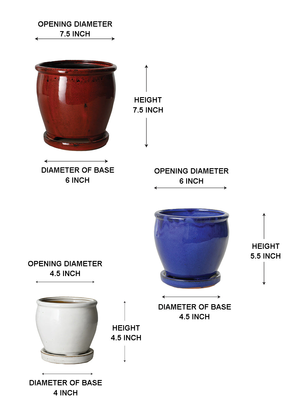 Glazed Ceramic Planters with Drainage Hole & Saucers, Bundle of 3