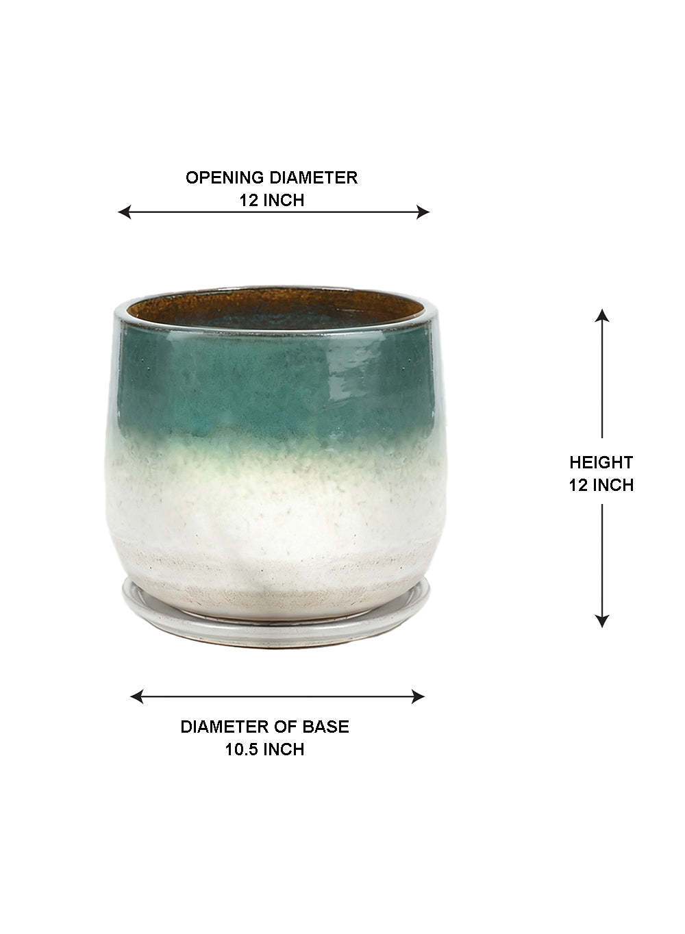 Green Ombre Ceramic Planter with Drainage Hole and Saucer, In 2 Sizes
