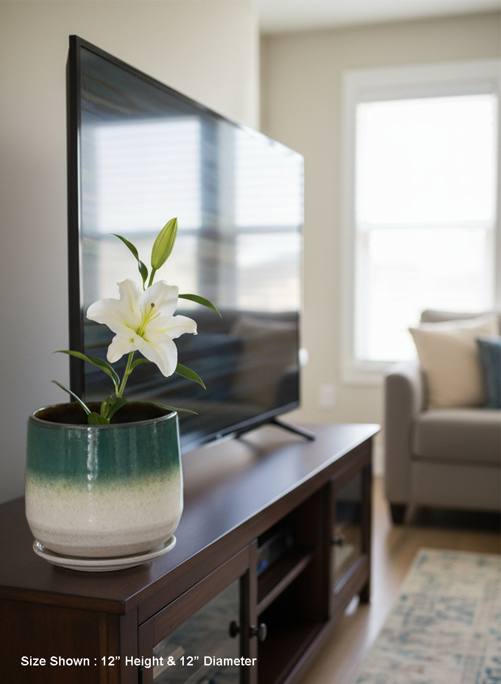 Green Ombre Ceramic Planter with Drainage Hole and Saucer, In 2 Sizes