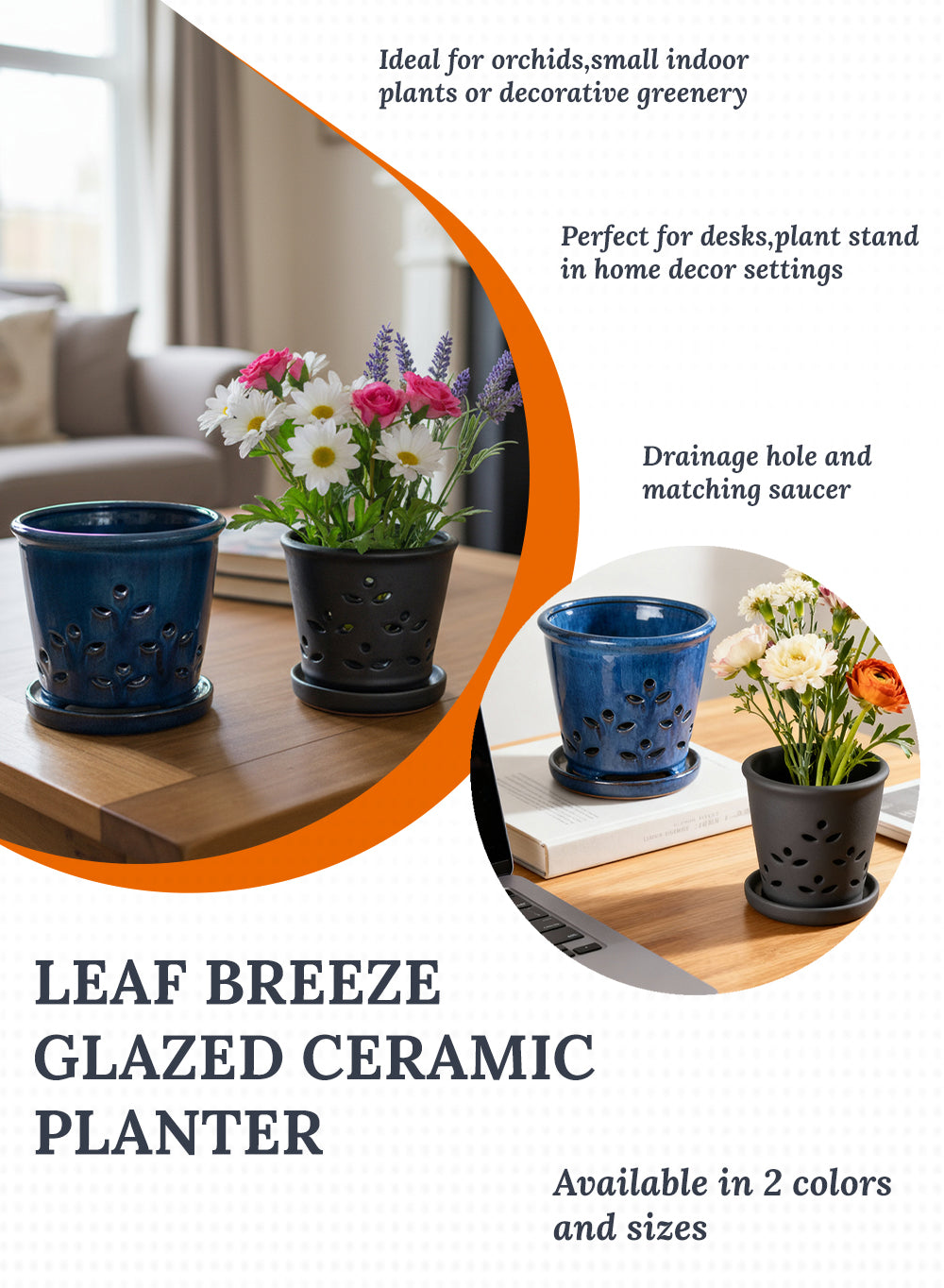 Leaf Breeze Glazed Ceramic Planter, Bundle of 2