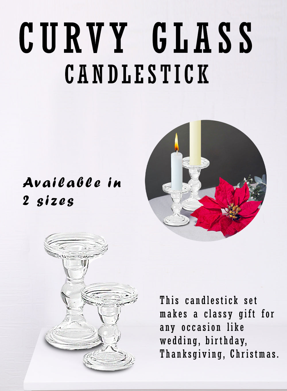 Curvy Glass Candlestick/ Pillar Holders, In 2 Sizes