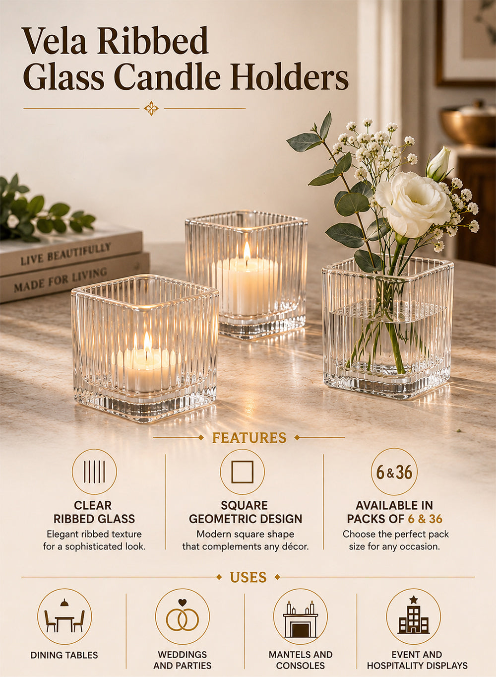 Vela Ribbed Glass Candle Holders Collection