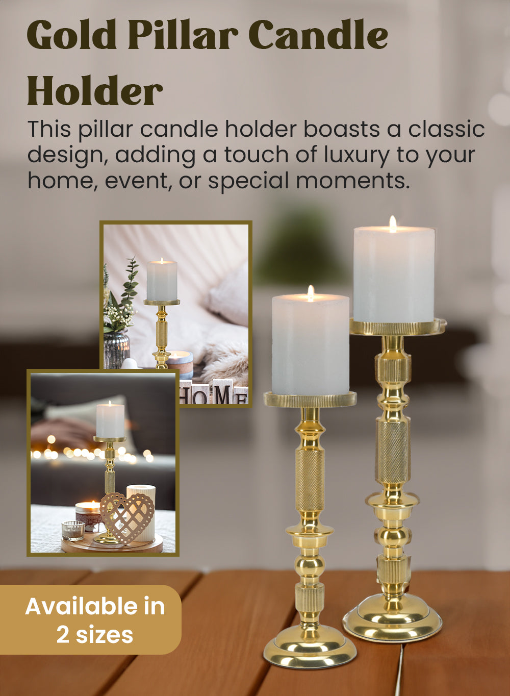 Serene Spaces Living Gold Pillar Holder, Elegant Lighting for Wedding or Party, 2 Size Options Available