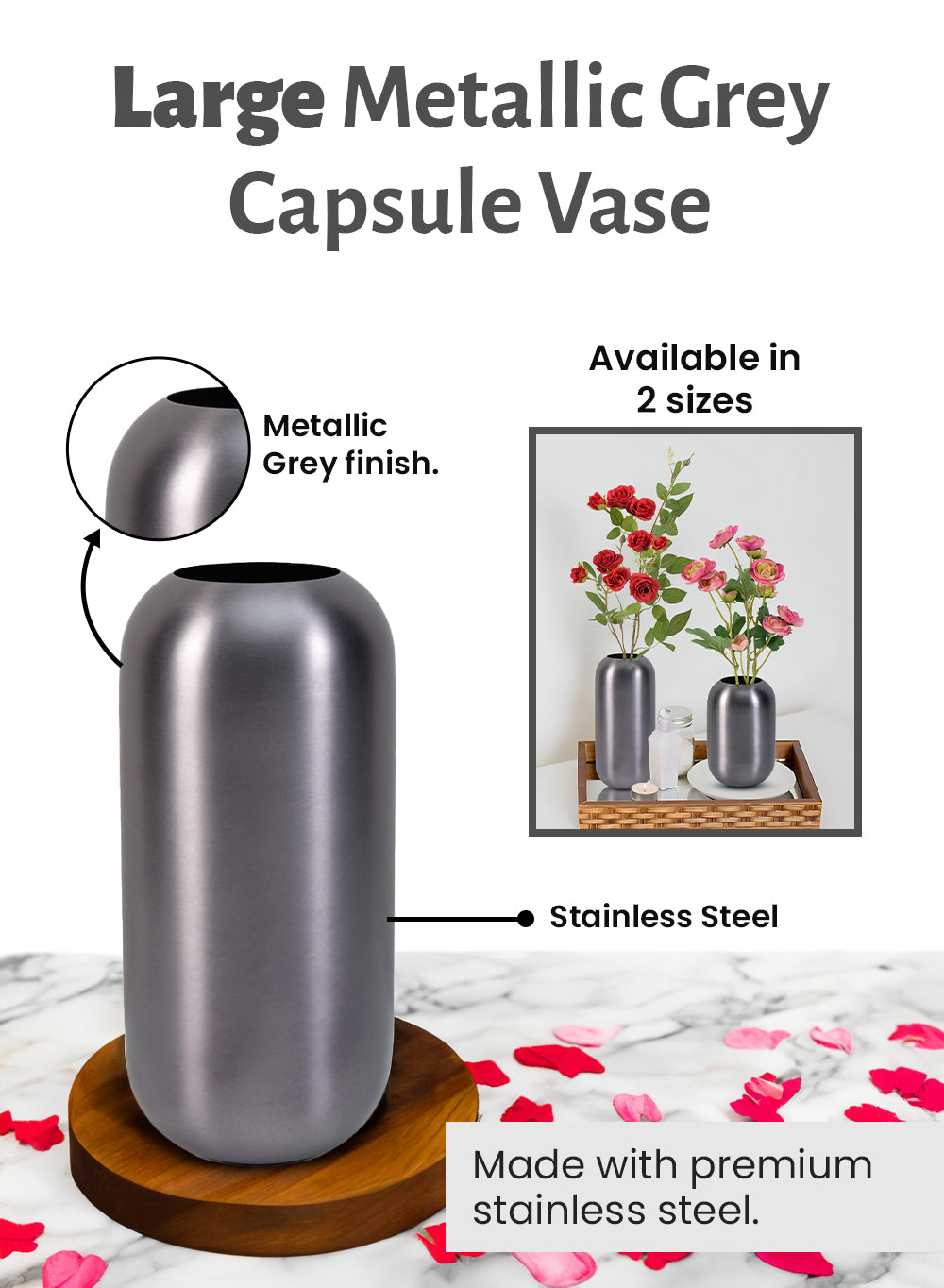 Metallic Grey Capsule Vase, in 2 Sizes