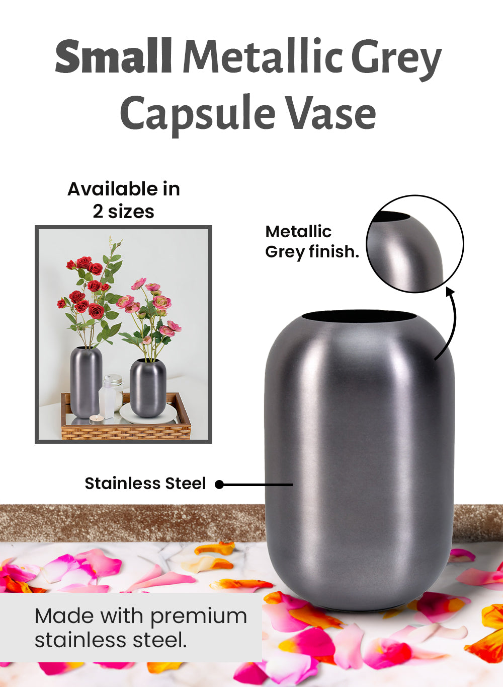 Metallic Grey Capsule Vase, in 2 Sizes