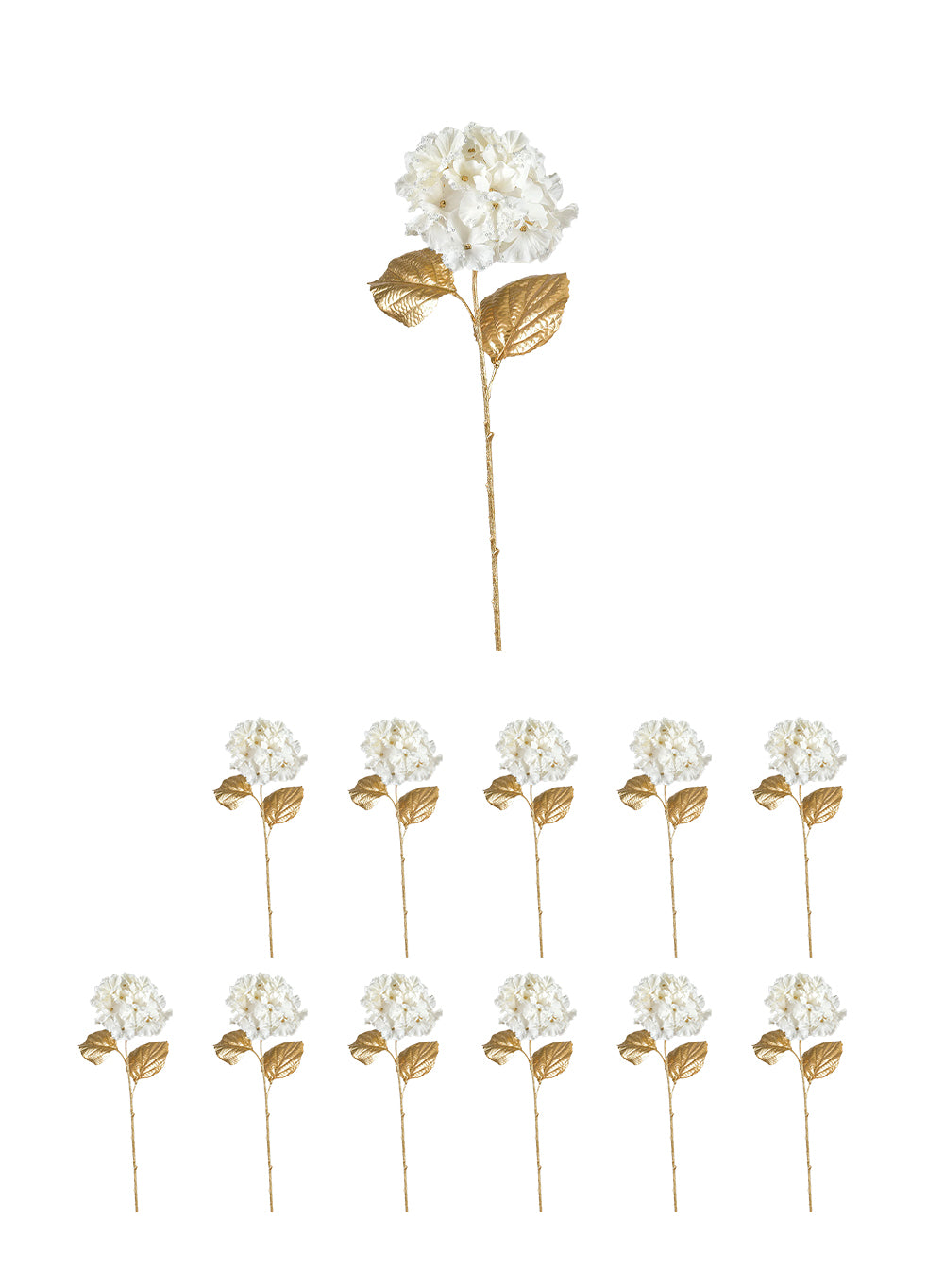 26" White Hydrangea Stem with Gold Leaves, Pack of 12
