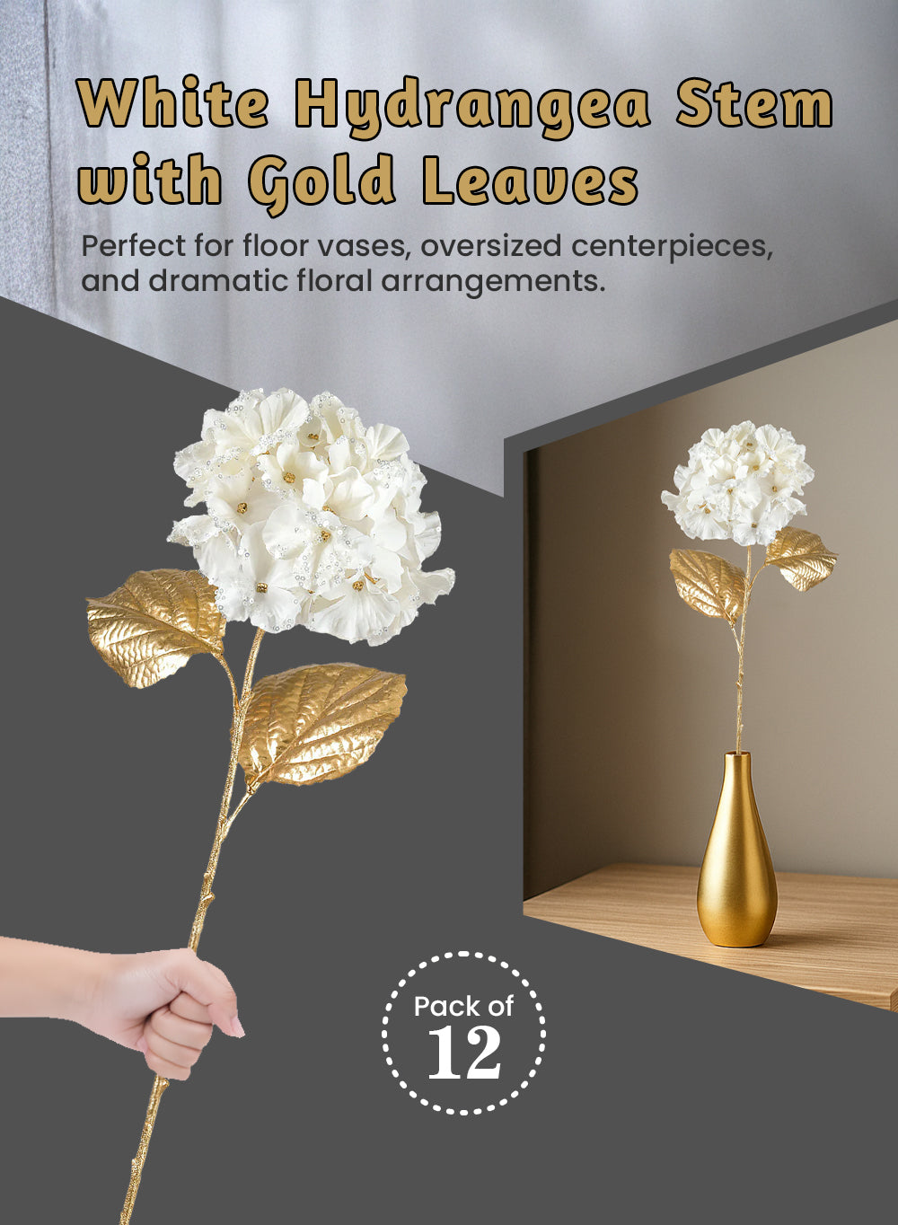26" White Hydrangea Stem with Gold Leaves, Pack of 12