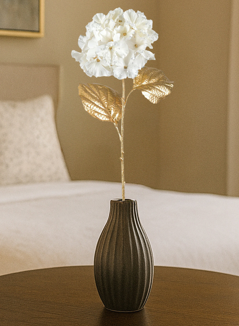 26" White Hydrangea Stem with Gold Leaves, Pack of 12