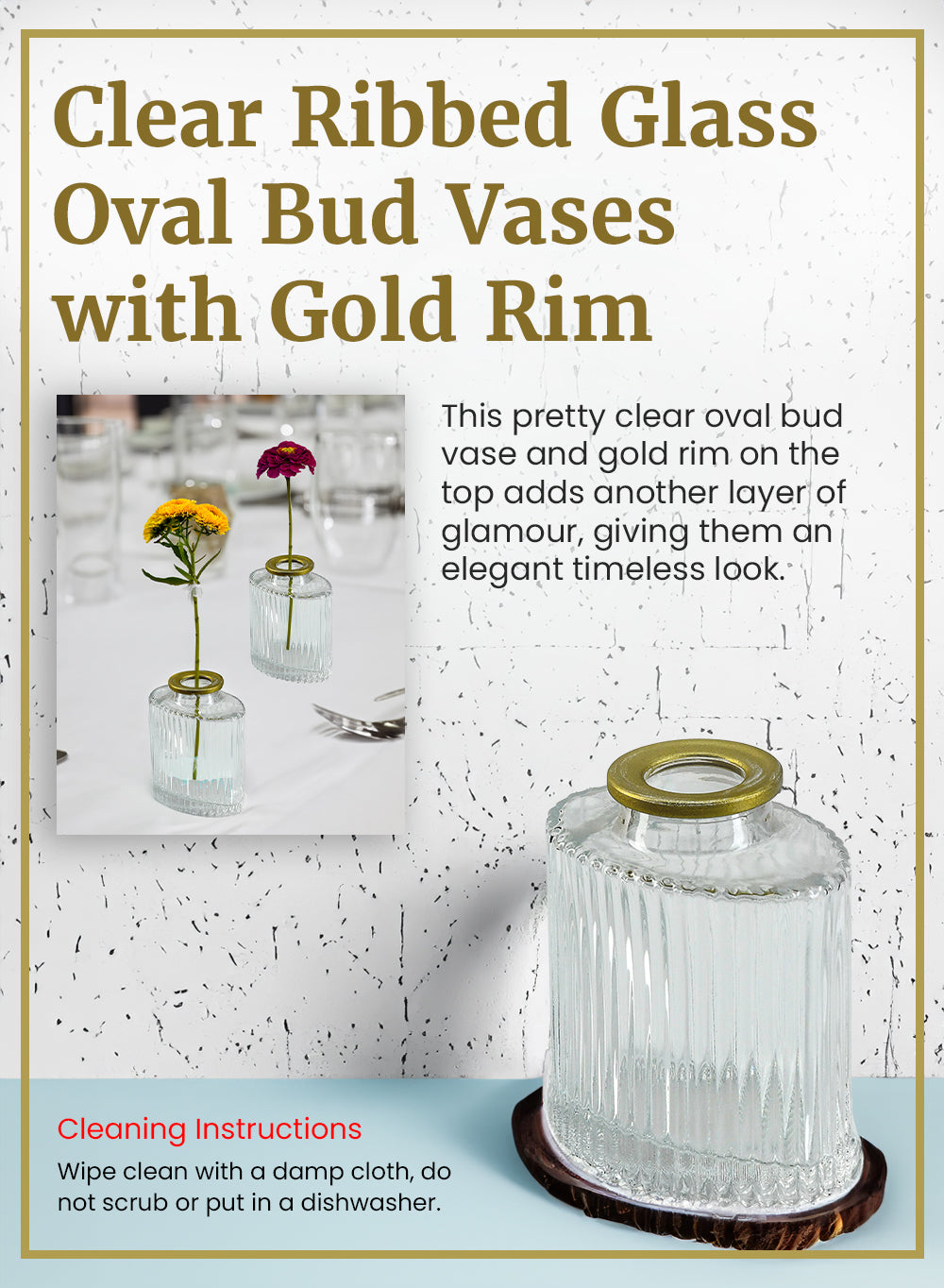 Clear Ribbed Glass Oval Bud Vases with Gold Rim, Available in 2 Sets